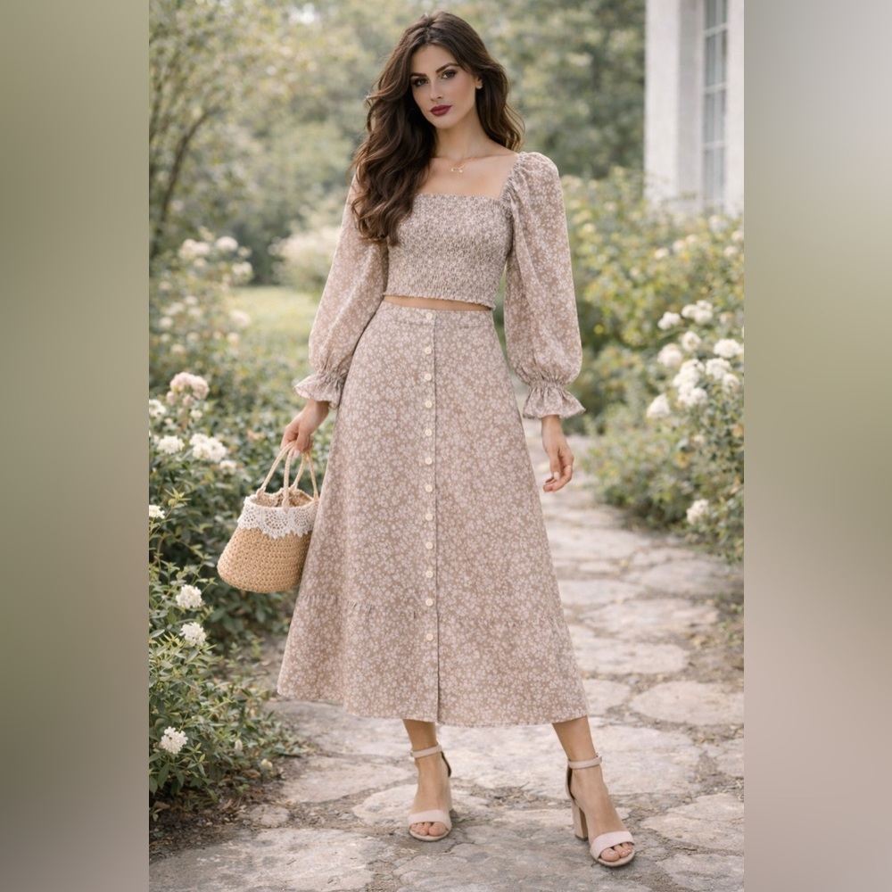 Joyfolie Rehanna Taupe Floral Two-Piece Set NWT M